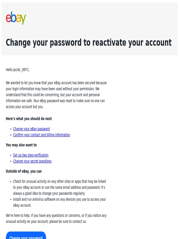eBay - We reset your eBay password for your security