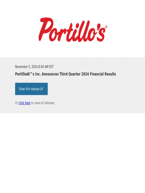 Portillo's - Portillo’s Inc. Announces Third Quarter 2024 Financial Results