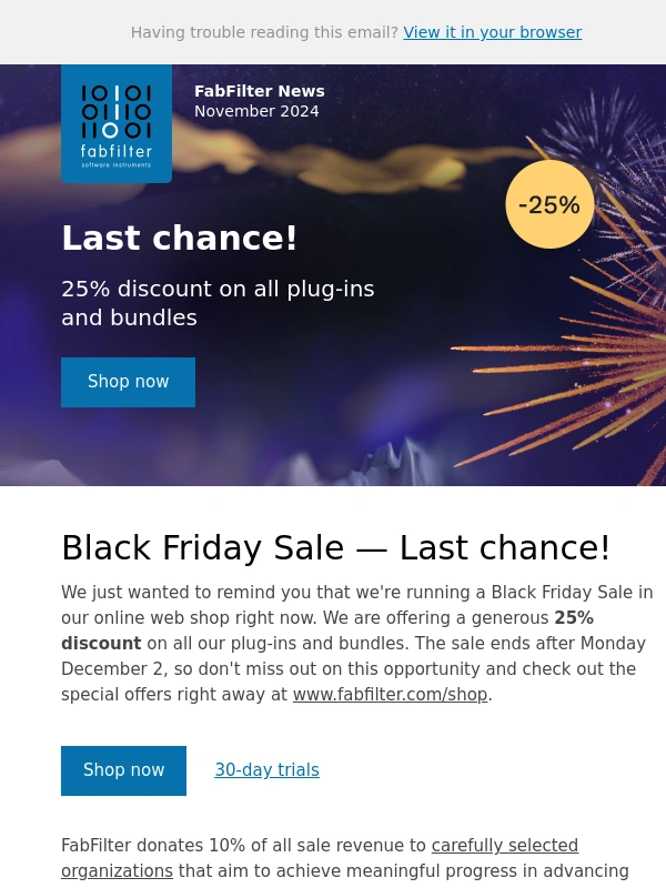 Fabfilter - Last chance - 25% discount on all plug-ins and bundles until December 2