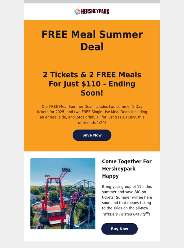 Hershey Park - 2 Tickets. 2 FREE Meals. Only $110