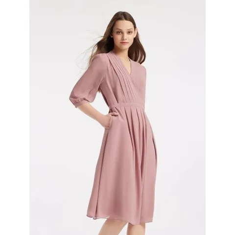 V-Neck Pleated Lace Up Wrap Dress