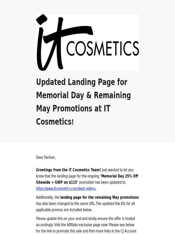 It Cosmetics - Fwd: Updated Landing Page for Memorial Day & Remaining May Promotions at IT Cosmetics!