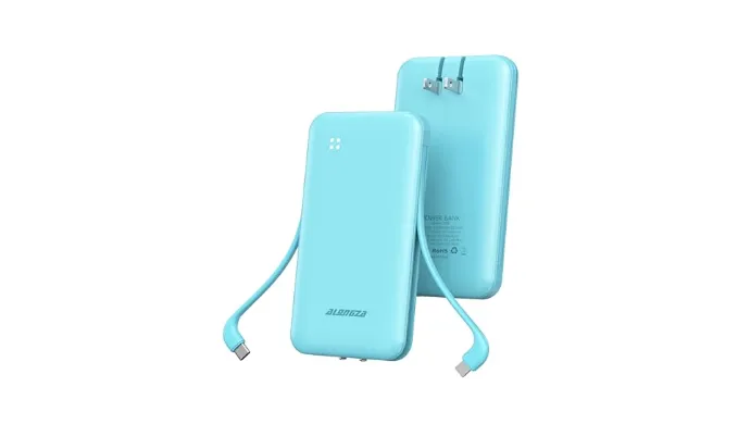 Alongza Portable Charger Built-in Cables and AC Wall Plug, Slim Fast Charging Power Bank 10000mAh, Lightweight USB C External Battery Pack Compact Travel Cell Phone Charger