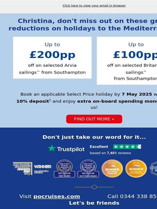 P&O Cruises - Up to £200pp off on Med holidays