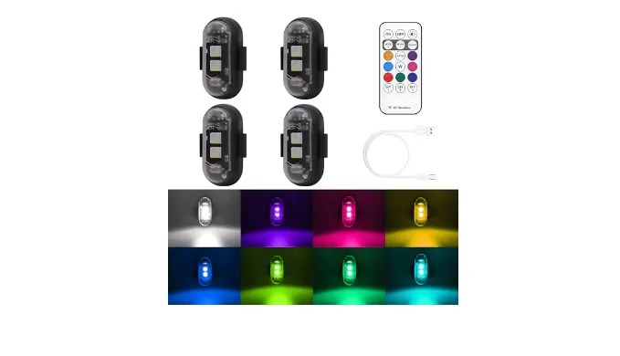 4PCS Wireless LED Strobe Lights with Remote Control,8 Colors Waterproof Anti-Collision USB Charing Led Emergency Warning Lights for Car Drone Truck Motorcycle Aircraft Bike