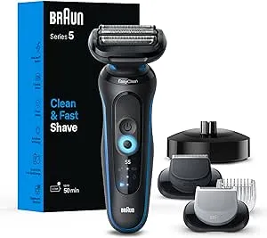 Braun Electric Shaver for Men, Series 5 5150cs, Wet & Dry Shave, Turbo Shaving Mode, Foil Shaver, with Beard Trimmer, Body Groomer and Charging Stand, Blue