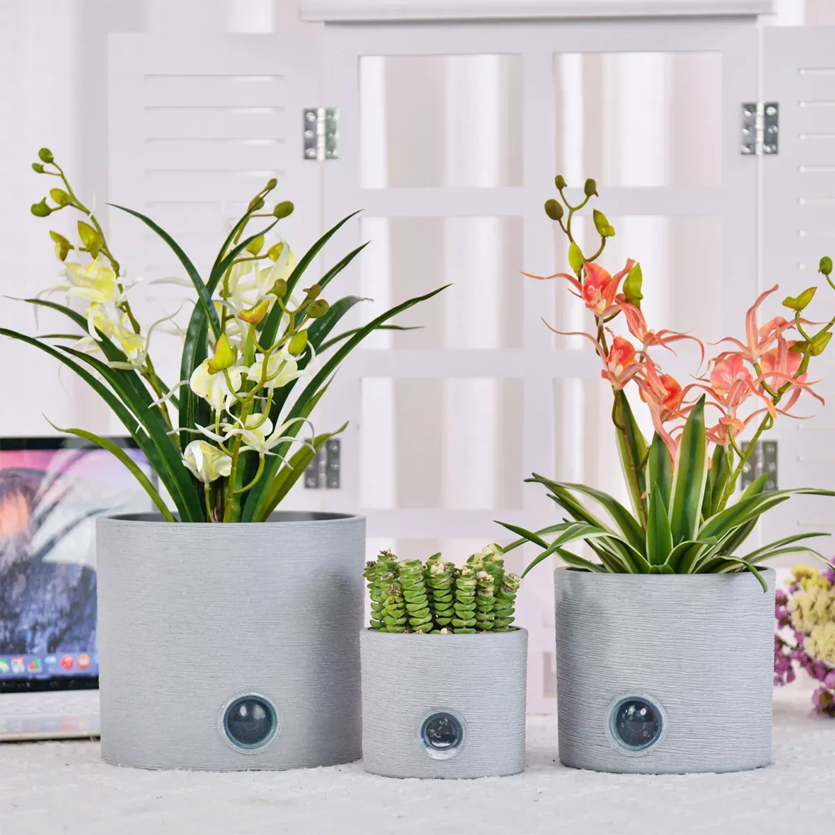 Greenship Garden USA, LLC Self-Watering Cylinder Pot System for Indoor Plants (Set of 3) - Light Gray