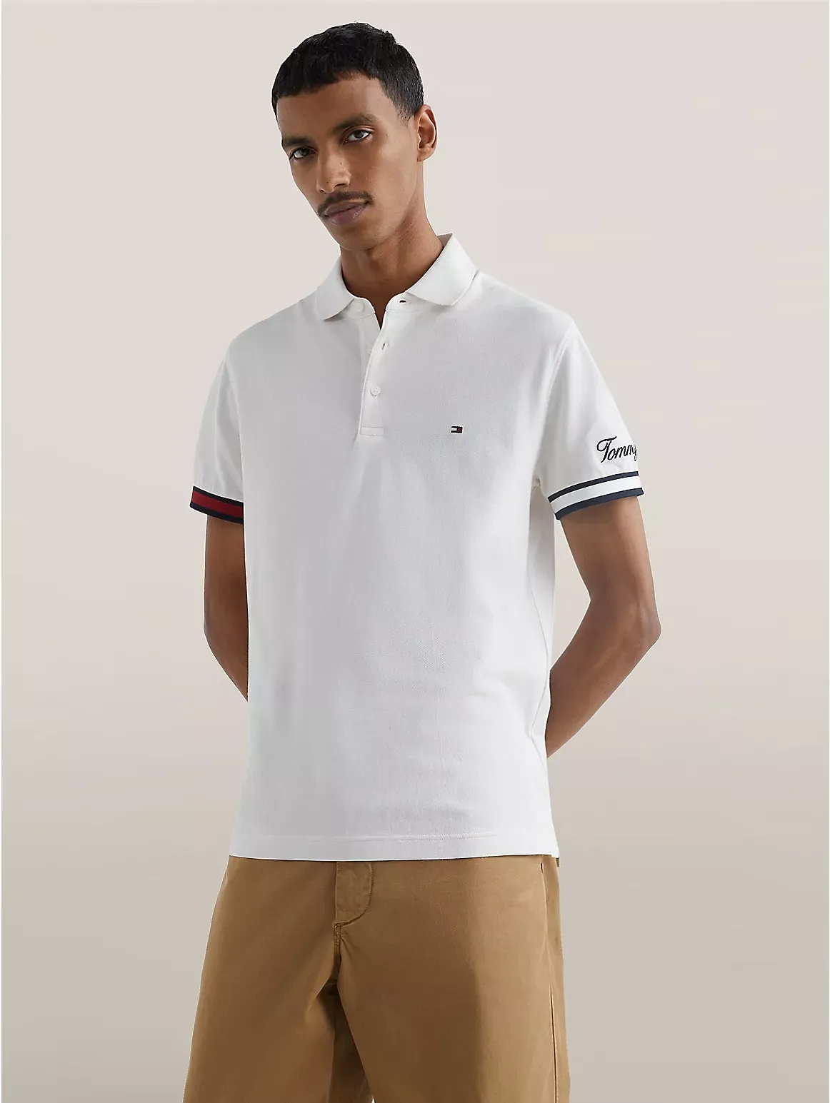 Tommy Hilfiger Men's Slim Fit Flag Cuff Polo - White -