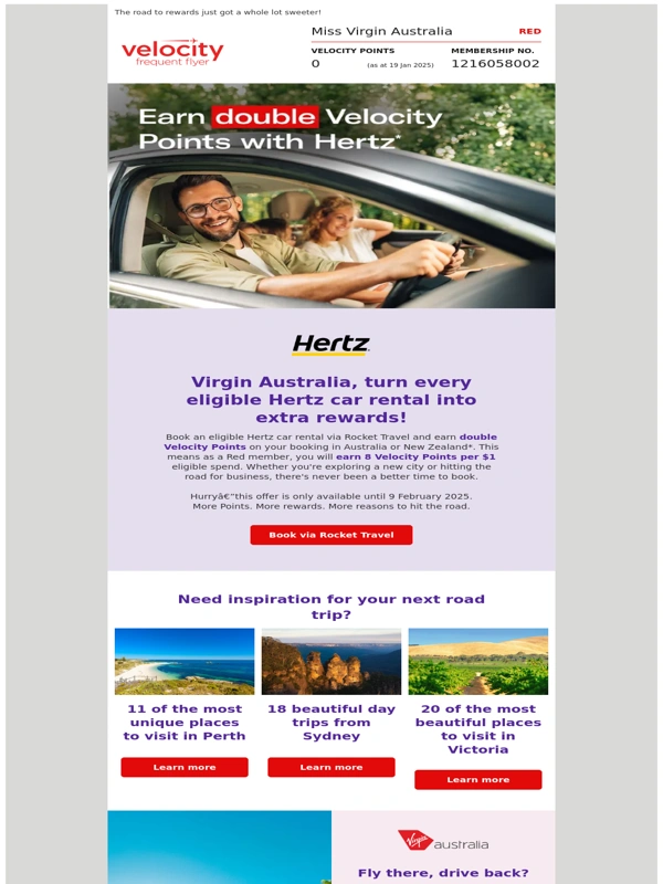 Virgin Australia US - Earn double Velocity Points on your next Hertz car rental*