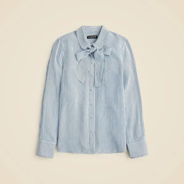 J.Crew Removable Tie-Neck Button-up Shirt in Striped Crêpe de Chine