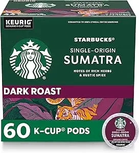 Starbucks K-Cup Coffee Pods, Dark Roast Coffee, Sumatra for Keurig Brewers, 100% Arabica, 6 boxes (60 pods total) $34.98
