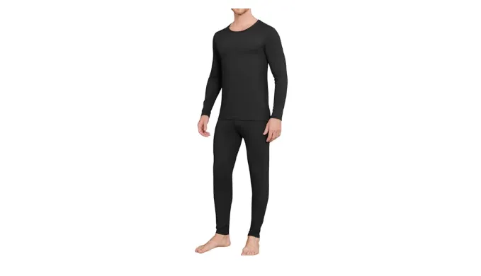 Ekouaer Men Thin Thermal Underwear Set Soft Long Johns Set 2 Pcs Warm Base Layer Top & Bottom for Cold Weather Black M