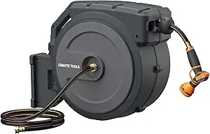 Giraffe Tools AW40 Retractable Hose Reel 5/8" x 90 ft Wall Mounted Garden Hose Reel Heavy Duty, Automatic Rewind, 180 Deg Swivel, Any Length Lock, 9 Pattern Nozzle, 90 ft, Dark Grey