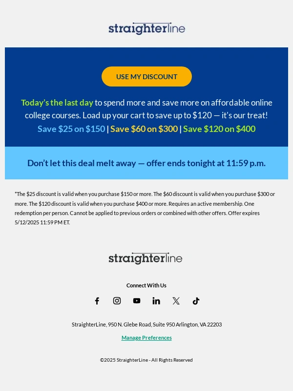 StraighterLine - ? Sorry – time’s up. Your discount ends tonight …