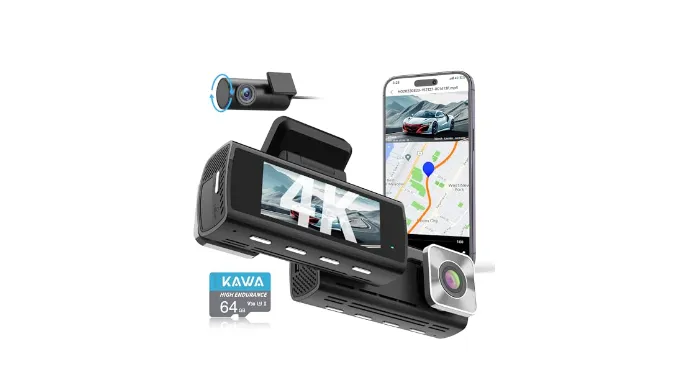 KAWA 4K Dash Cam Front Rear, AI-ISP Night Vision, Free 64GB Card, 4K+1080P Dual WiFi Dash Camera for Cars with Sony STARVIS, GPS and Speed Dashcam, 3.16 IPS Screen, G-Sensor, AI 24H Motion Detection