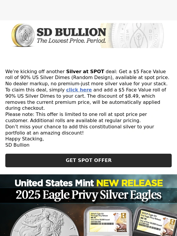 SD Bullion - ⚡SPOT Offer: 90% US Silver Dimes⚡
