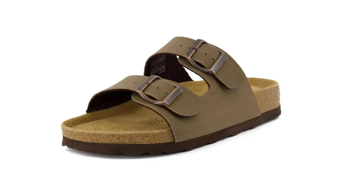 CUSHIONAIRE Lane Cork Footbed Sandals for Women – Comfortable Double Buckle Slip-On with Genuine Suede Footbed & Arch Support Slides for Women Footwear
