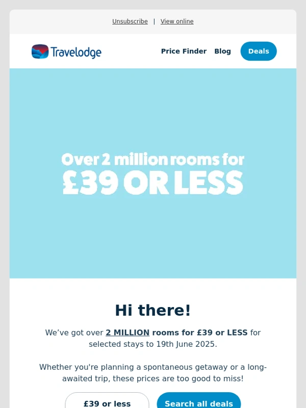 Travelodge - ?Unlocked! You got lucky: 2 million rooms for £39 or less
