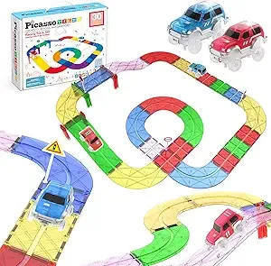 PicassoTiles 30 Piece Race Car Track Building Block Educational Toy Set Magnetic Tiles Magnet DIY Playset 2 Race Car Trucks Toys STEM Learning Construction Kit Hand-Eye Coordination Fine Motor Skill