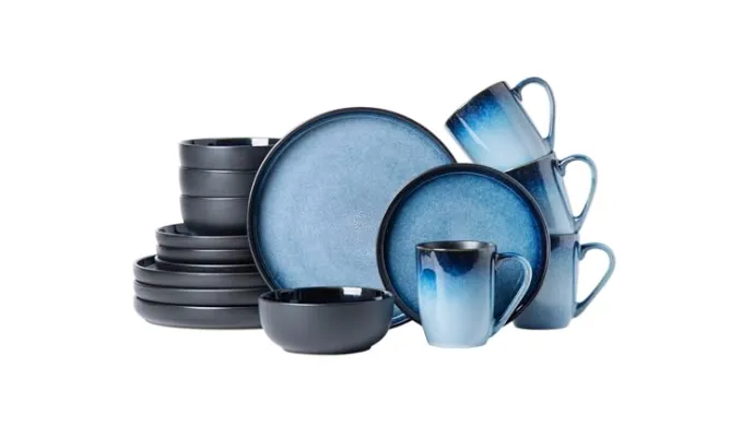 MONITO Ceramic Dinnerware Sets – Ceramic Plates and Bowls, Service for 4(16pcs), Microwave and Dishwasher Safe, Perfect Housewarming Gift, Ice Blue