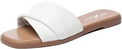 Athlefit Womens Summer Flat Sandals Dressy Comfortable Fashion Beach Leather Slide White Sandals Size 6