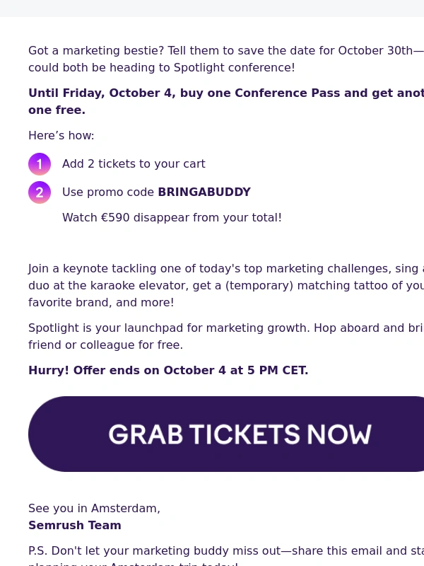 SEMrush - Buy one ticket,get one free