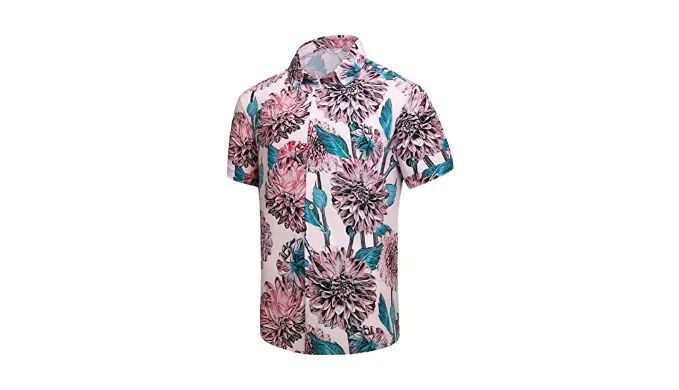 SheLucki Hawaiian Shirt for Men, Unisex Summer Beach Casual Short Sleeve Button Down Shirts, Printed Palmshadow Clothing Flower Pink 3XL