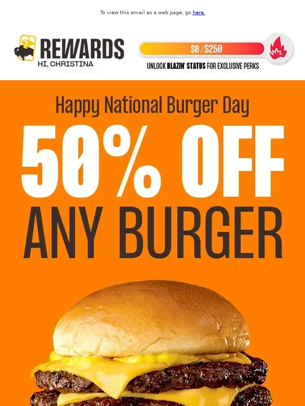 Buffalo Wild Wings - 50% off any Burger with B-Dubs GO ‼️