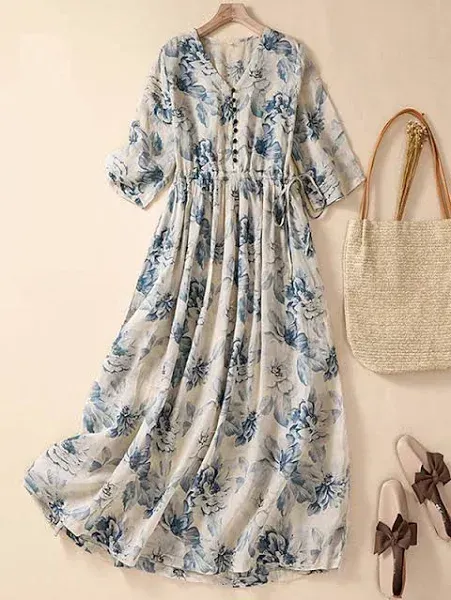 Women's Maxi Dress Cotton Linen Dresses Casual Dress Swing Dress Cotton Maxi Dress Basic Casual Vacation Daily Regular Fit Floral Short Sleeve V Neck