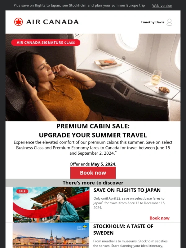 Chase Credit Cards - Premium Cabin Sale on now! Upgrade your summer travel to Canada