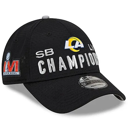NFL Hats: Men's Los Angeles Rams New Era Black Super Bowl LVI Champions Locker Room Trophy Collection 9FORTY Snapback Adjustable Hat $4.99 & More
