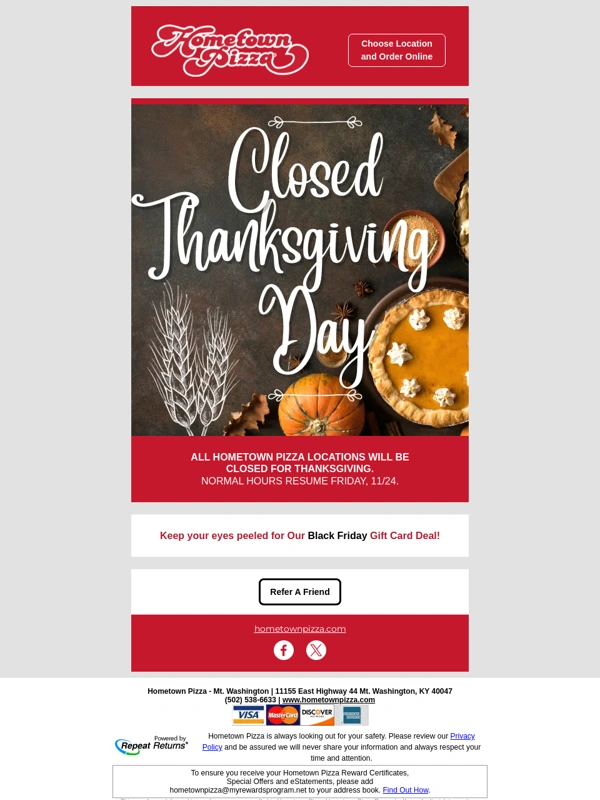 Hometown Pizza - Hometown Pizza is Thankful for You