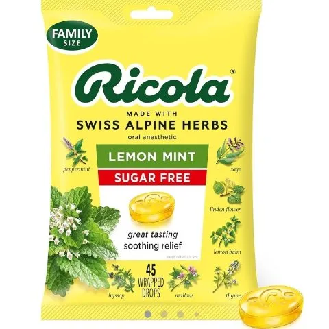 Ricola - Sugar Free Lemon Mint Throat Drops, 45 Count, Refreshing Relief, Oral Anesthetic