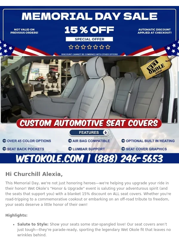 Wet Okole - Churchill Memorial Day Honor & Upgrade: 15% Off Seat Covers That Salute Style!