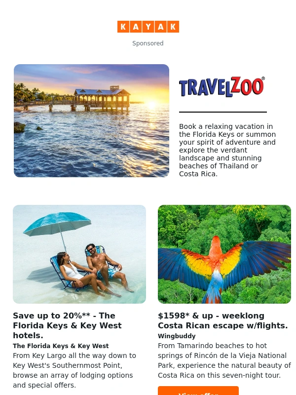 Kayak.com - 20%** off The Florida Keys & Key West hotels | 7-night Costa Rican escape w/flights,$1598* & up