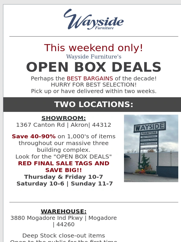 Wayside Furniture - Save up to 90% on OPEN BOX ? DEALS!