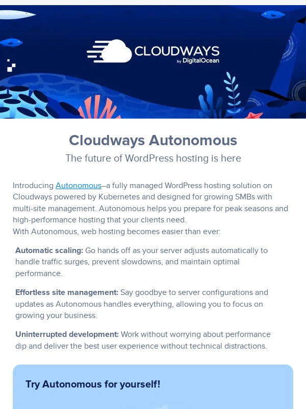 DigitalOcean - Elevate your WordPress experience with Cloudways Autonomous