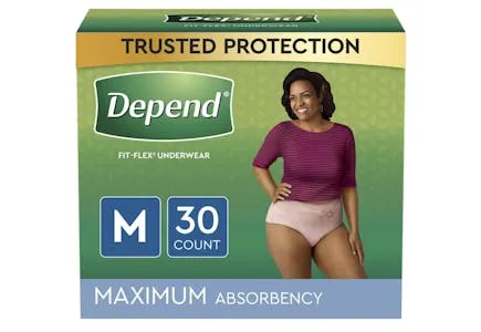 Depend Fit-Flex Women's Incontinence Underwear, Medium, 30 ct