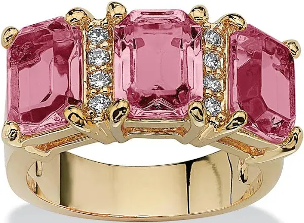 Women's Yellow Gold-Plated Emerald Cut 3 -Stone Simulated Birthstone & CZ Ring by PalmBeach Jewelry