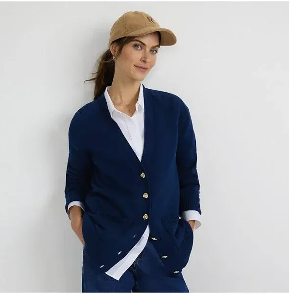 Lands' End Women's Drifter Varsity Vneck Relaxed Cardigan Sweater