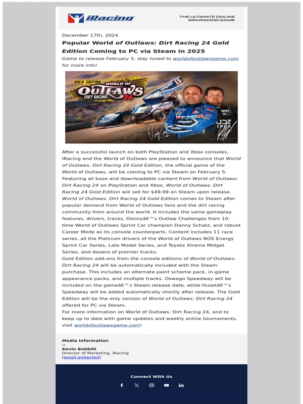 iRacing - Popular World of Outlaws: Dirt Racing 24 Gold Edition Coming to PC via Steam in 2025