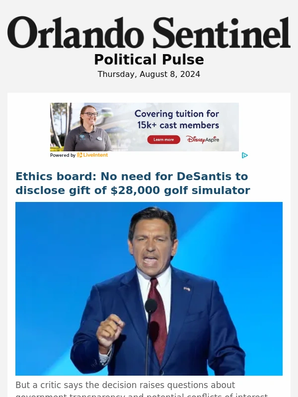 Orlando Sentinel - DeSantis' $28K golf simulator | Regina Hill scandal grows | 'Nasty' state Senate race