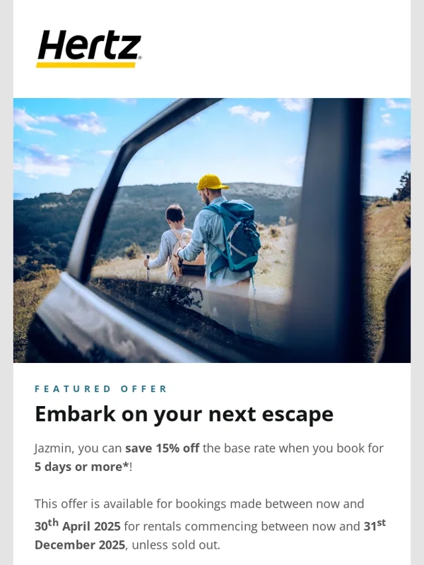 Hertz - Jazmin,save 15% off* your next rental