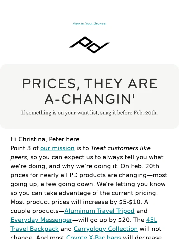 Peak Design - Feb 20th Price Changes