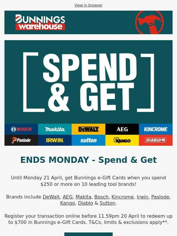 Bunnings Warehouse - Spend & Get on tools