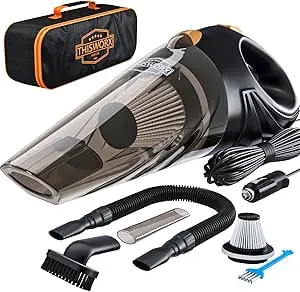 THISWORX Car Vacuum Cleaner - Portable, High Power, Handheld Vacuums w/ 3 Attachments, 16 Ft Cord & Bag - 12v, Auto Accessories Kit for Interior Detailing - Black