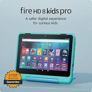 Amazon Fire HD 8 Kids Pro tablet (newest model), ages 6-12. Bright 8" HD screen, includes ad-free content, parental controls, 13-hr battery, slim case for older kids, 32GB, Hello Teal