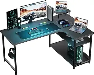 GTRACING L Shaped Carbon Fiber Style Computer Gaming Desk Table, Compatible with Monitor Arm Storage Shelves, Easy to Assemble Adjustable Shelf Height (Black)