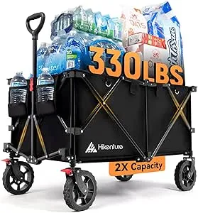 Hikenture Folding Wagon Cart, Portable Large Capacity Beach Wagon, Heavy Duty Utility Collapsible Wagon with All-Terrain Wheels, Outdoor Garden Cart Foldable Wagon for Sports, Shopping, Camping(Black)