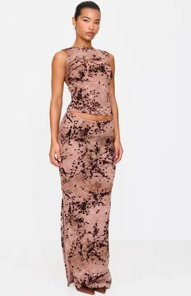 Women's Purple Floral Print Devore Mesh Ruched Maxi Skirt